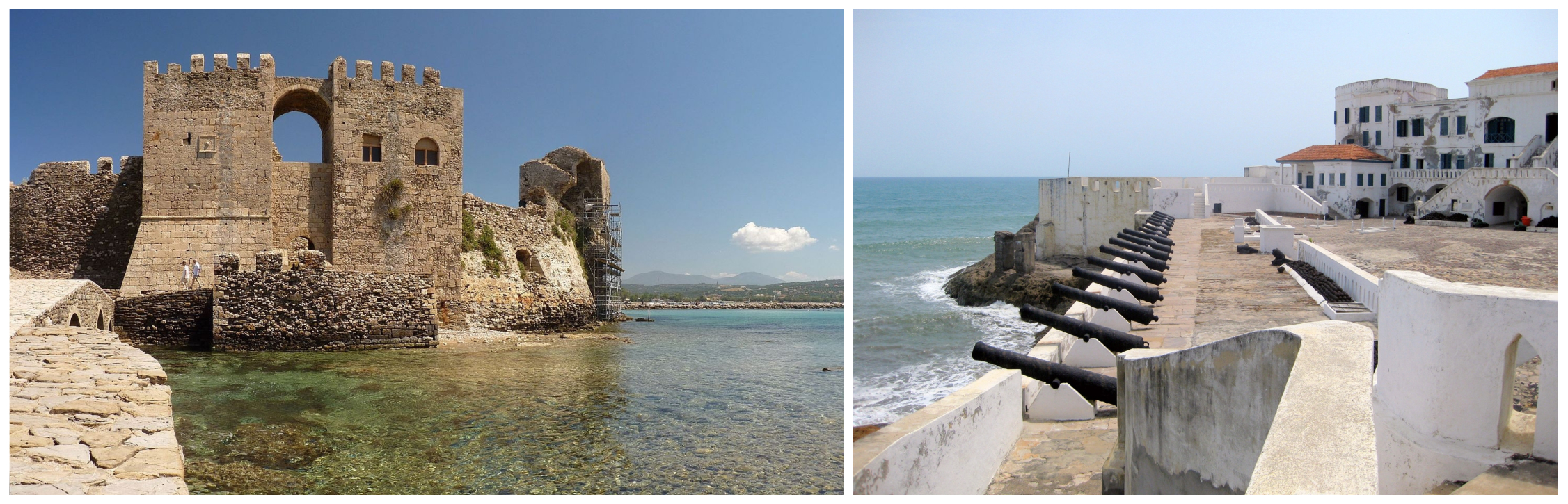 Two photos of castles on the coast, one in grey stone and one in white plaster with cannons facing the sea