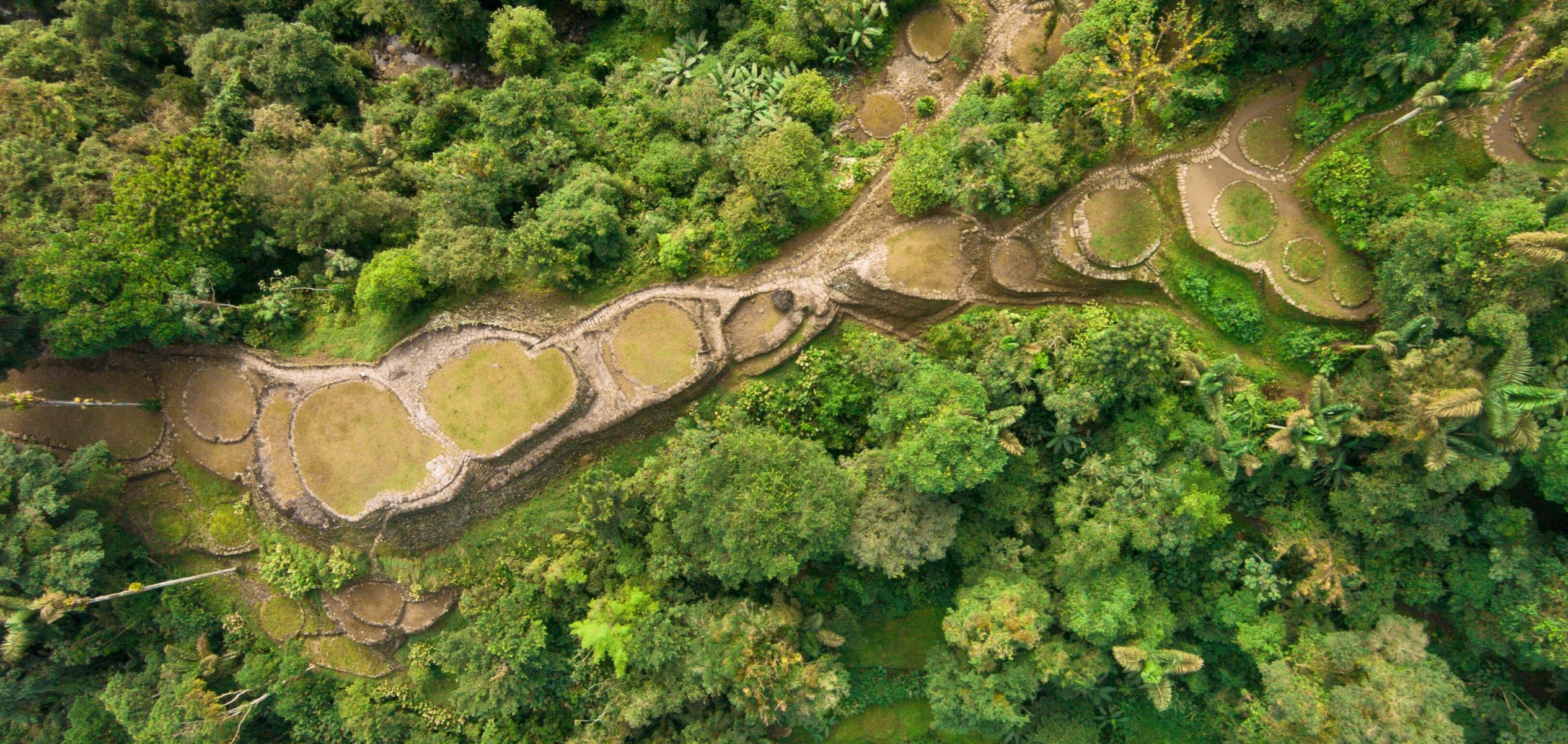 Aerial view of circular stone buildings in the middle of a jungle