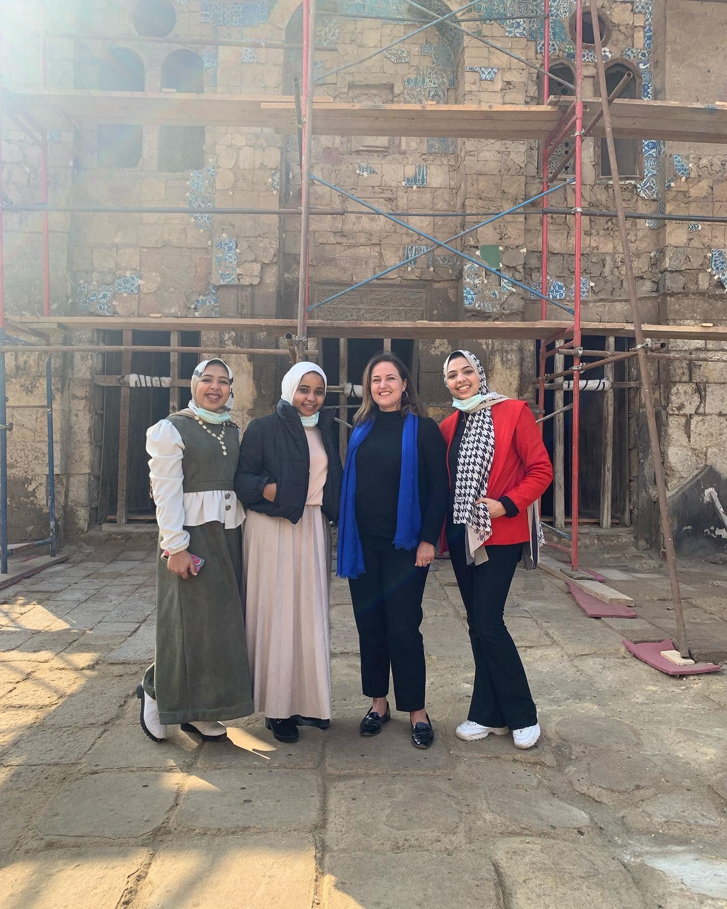 Bénédicte de Montlaur with local students interning at Takiyyat al-Gulshani in Cairo, Egypt.
