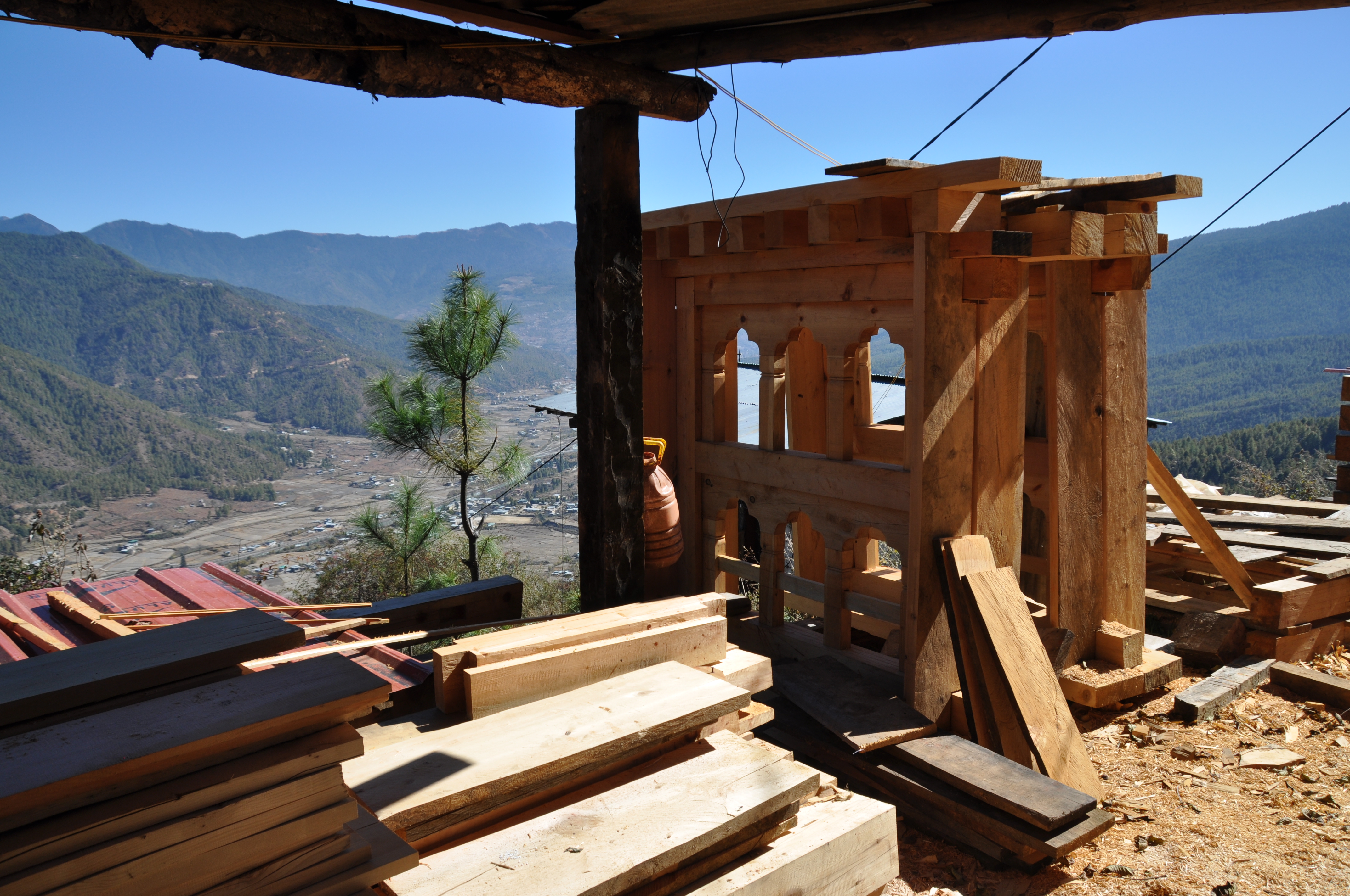 Window components pre-assembled and seasoning, Paro Valley in Bhutan.