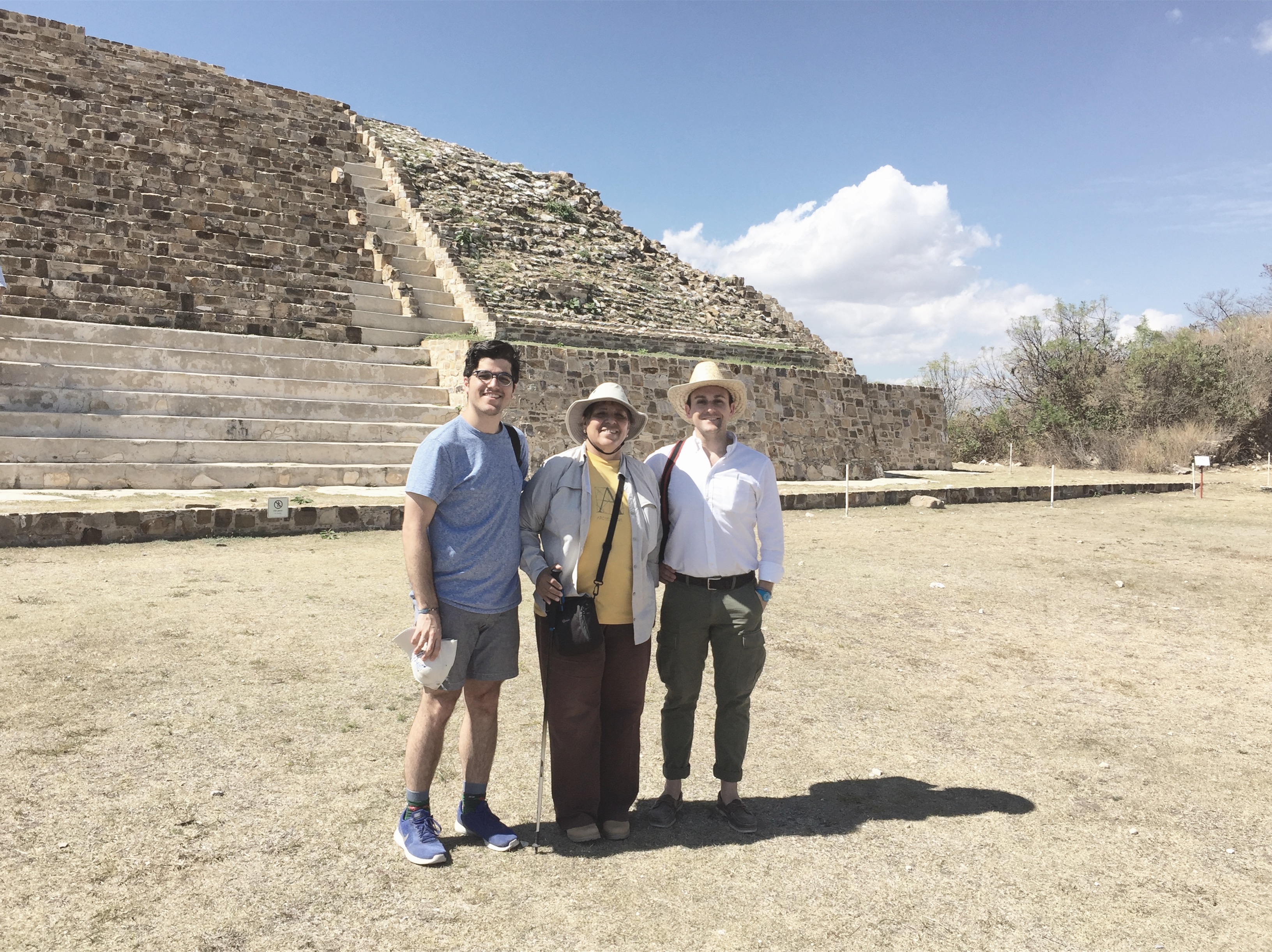 From right to left: Javier Ors Ausín (WMF), Dr. Nelly Robles (Director of Archaeology at Monte Albán), and Kevin Gurley stand in front of one of the pyramids at Atzompa.