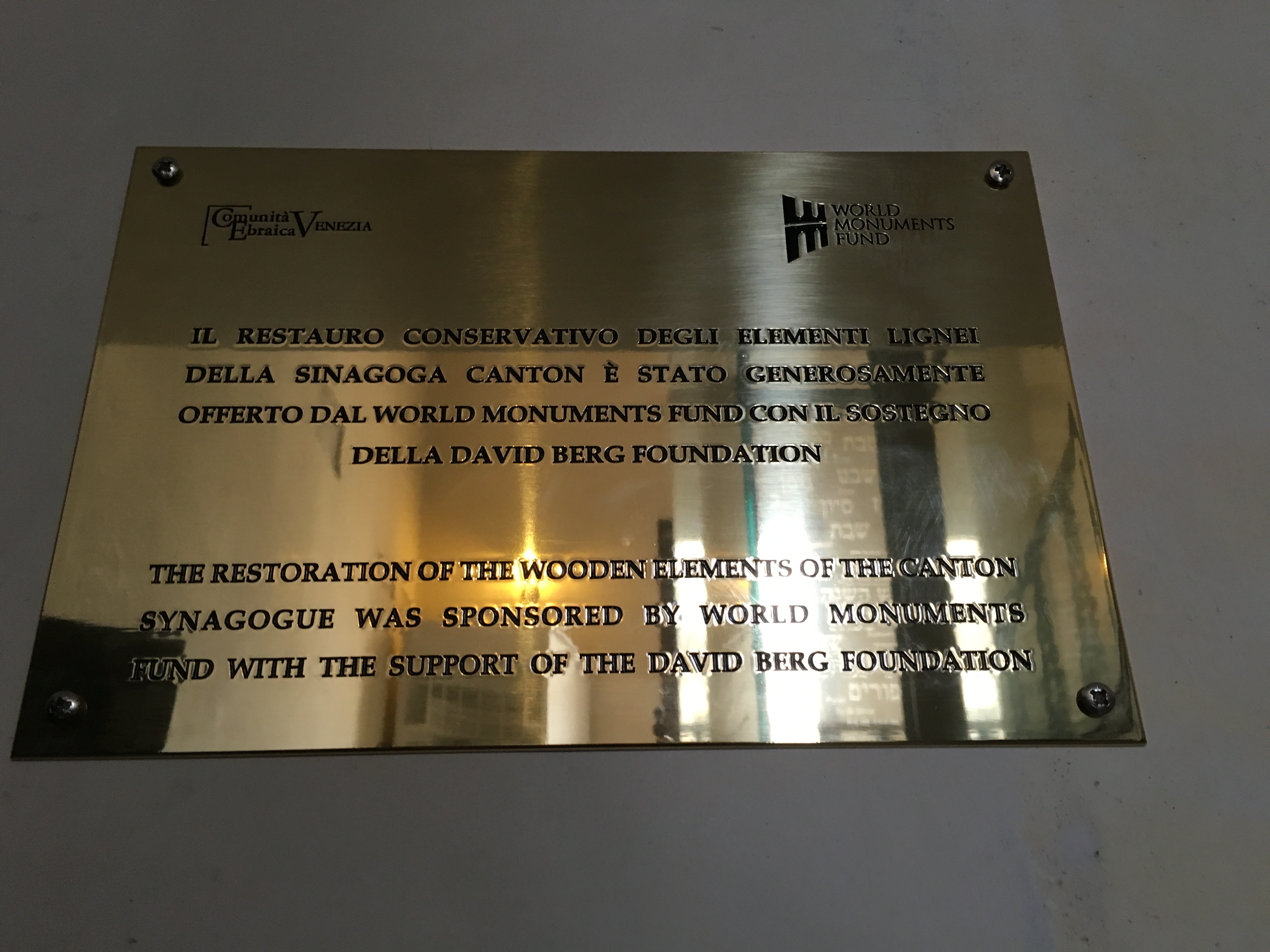 Plaque acknowledging support for the conservation project at Schola Canton, 2016
