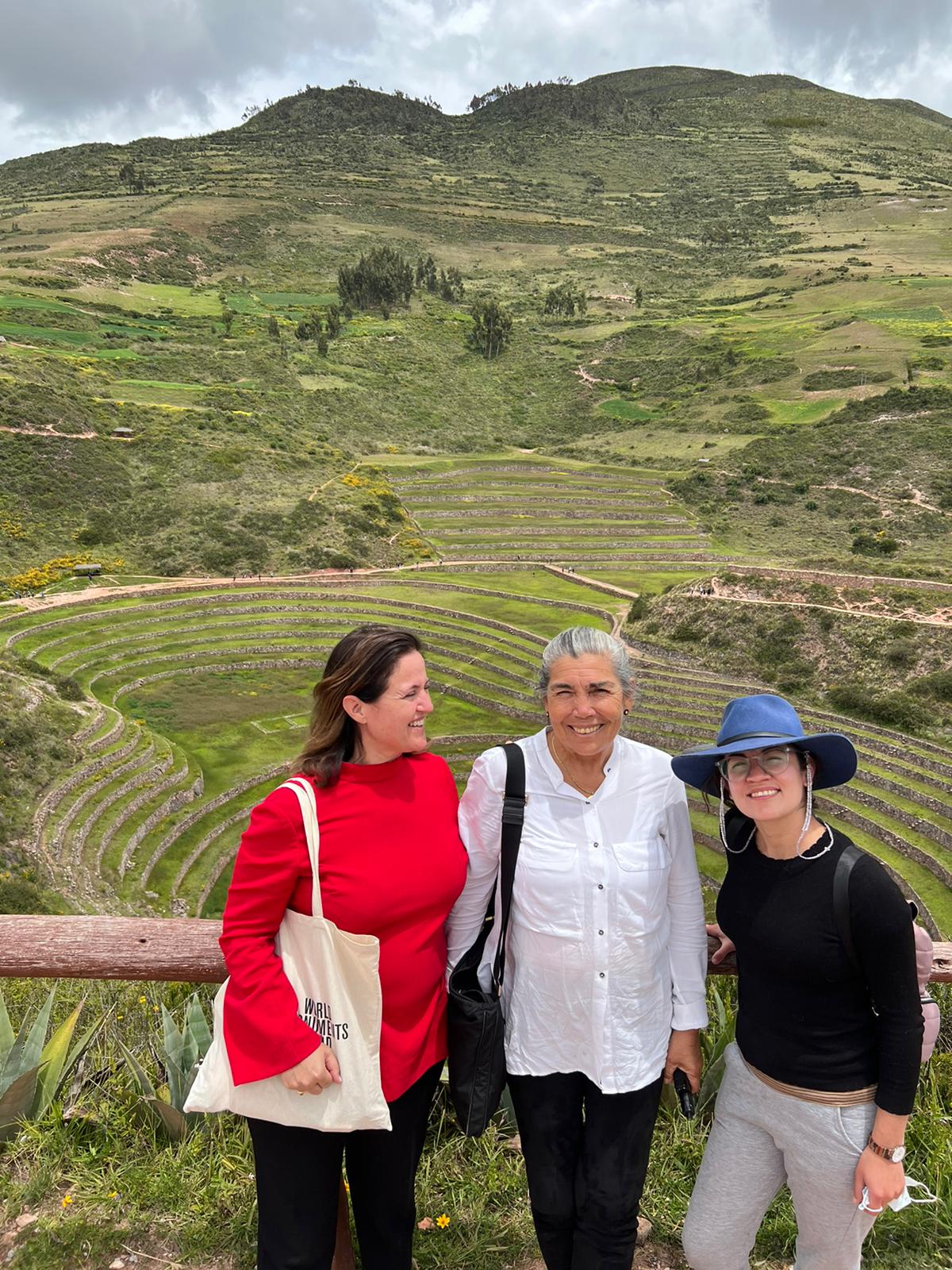 Bénédicte de Montlaur, WMF President and CEO, Martha Zegarra, Vice-President of WMF Peru, and Renata Tavara, Project Coordinator of WMF Peru at the archaeological site of Moray in the Sacred Valley of the Incas.