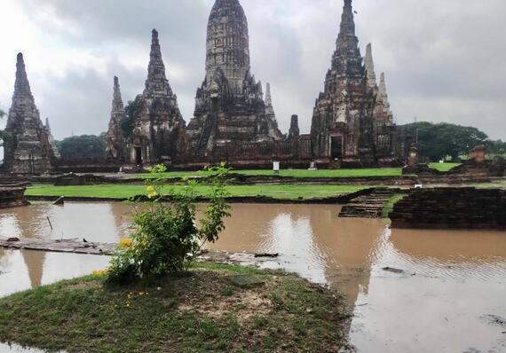 Wat Chaiwatthanaram Temple in Ayutthaya, Thailand during a flooding in 2021.