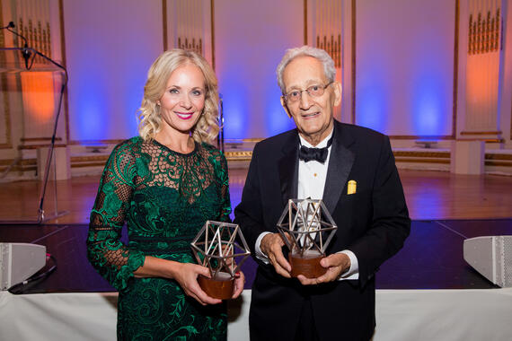 Honorees Deborah Lehr (L, 2017 Hadrian Award) and Frank Stella (2017 Watch Award).
