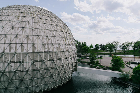 A view of the cinesphere, Ontario Place, Toronto, Canada, 2020.