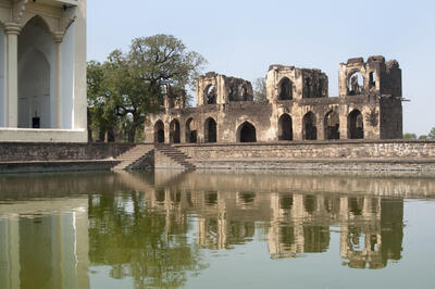 The ruins of the Jahaz Mahal, or Ship Palace, overlook the Asar Mahal pool. Photo credit: Joginder Singh.