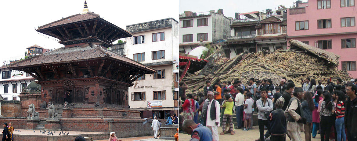 Chan Narayan Temple before (left) and after (right) the April 2015 earthquake.