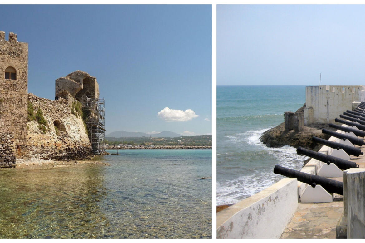 Two photos of castles on the coast, one in grey stone and one in white plaster with cannons facing the sea