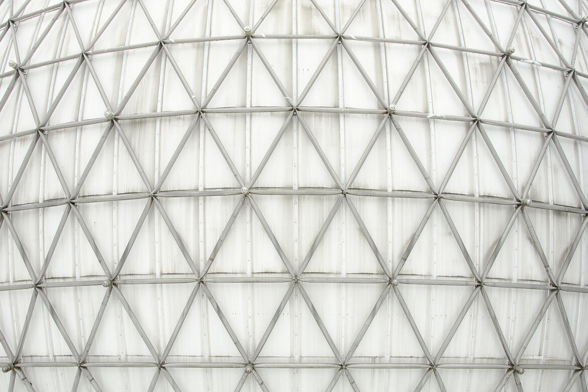 Detail of the triodetic dome structure of the Cinesphere at Ontario Place, 2014.