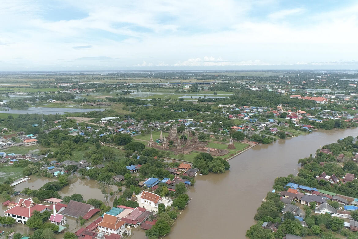 Aerial view of the high Chao Phraya River water levels and flooding at Ayutthaya.