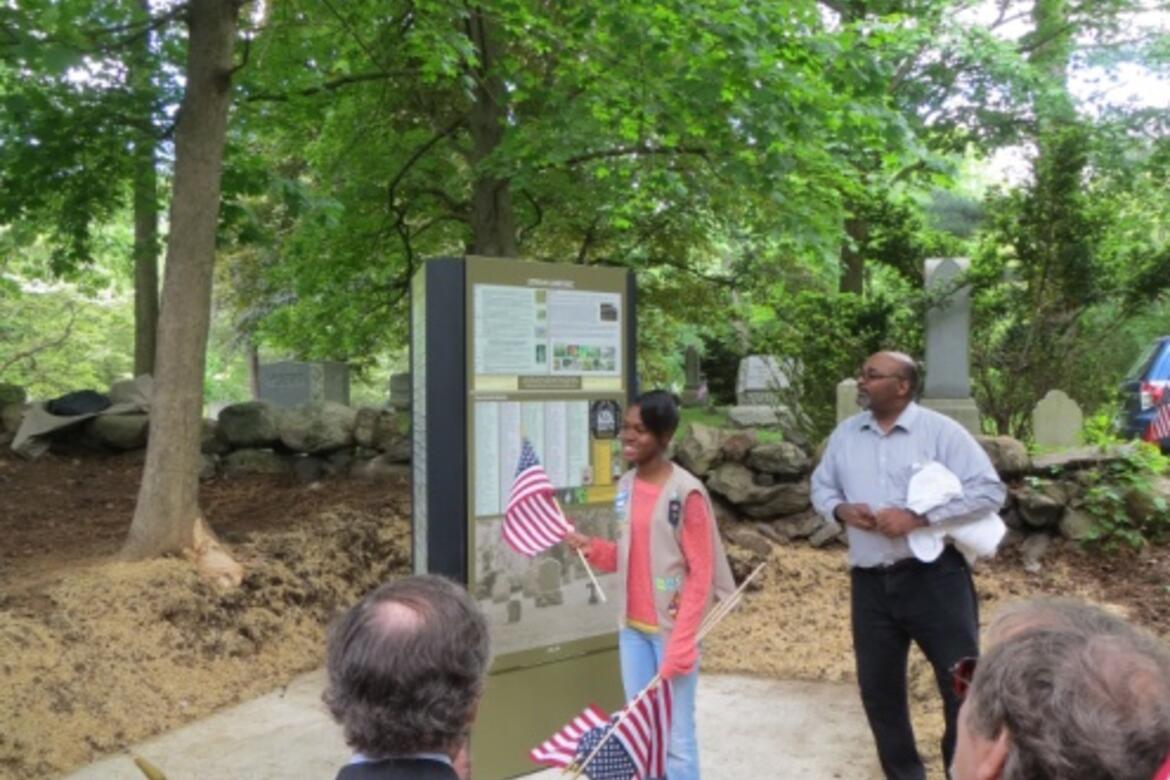 Rye Girl Scout Anna-Kay Smickle from Girl Scout Troop 1838 researched the information that now appears on the three-sided information kiosk at the cemetery as part of her Silver Star Project.