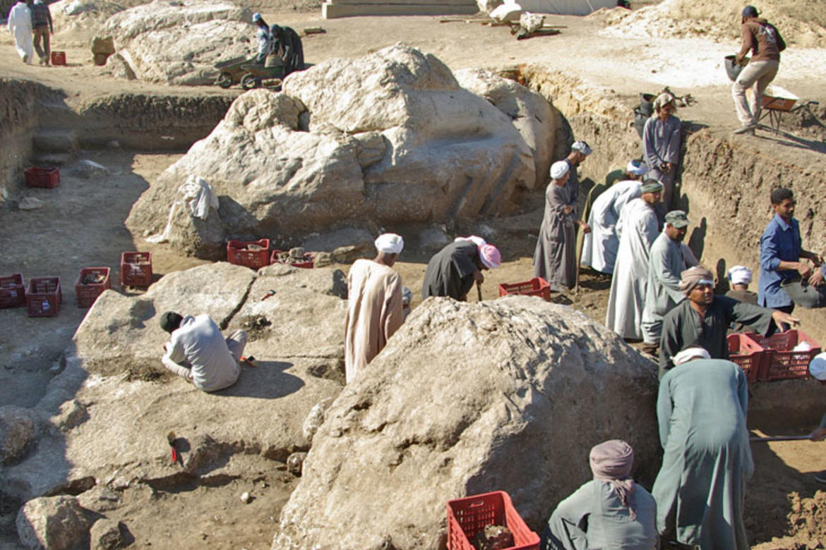 Cleaning alabaster blocks found at the Third Pylon.   