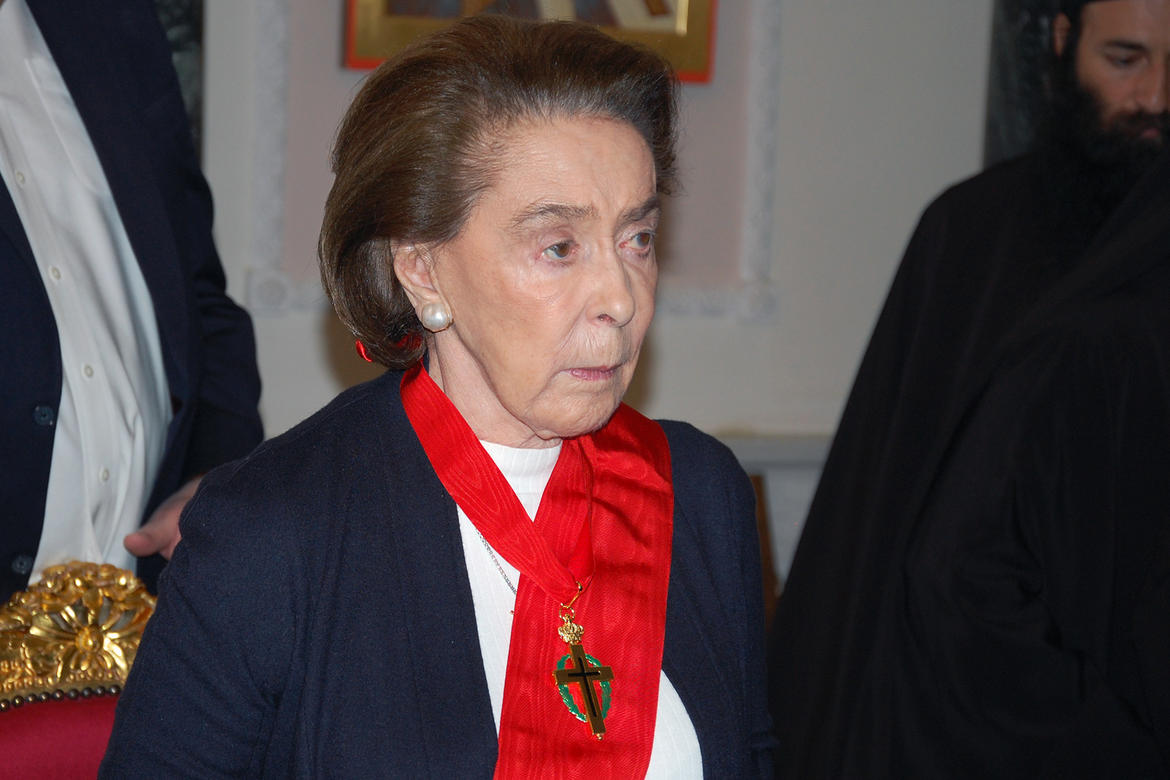 Mrs. Ertegun, decorated as Great Cross-Bearer of the Order of Orthodox Cross-Bearers of the Holy Sepulchre.