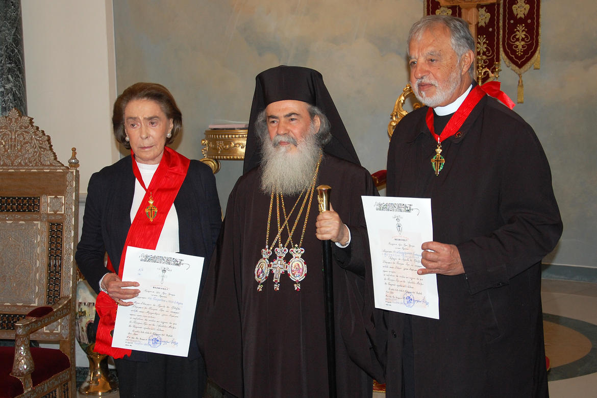 Mrs. Ertegun, His Beatitude, Theophilos III, and Fr. Alex Karloutsos of the Greek Orthodox Archdiocese of America, who was decorated as Commander of the Order of Orthodox Cross-Bearers of the Holy Sepulchre in the same ceremony.
