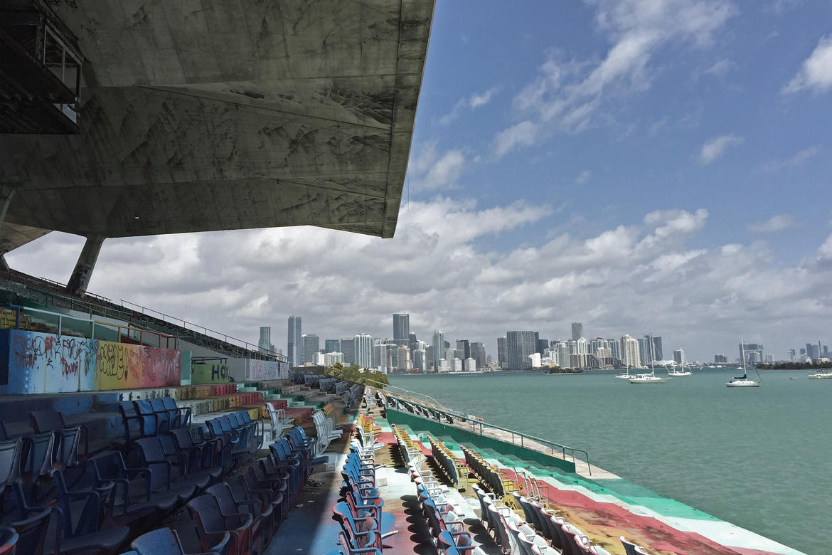 View from the grandstand towards Miami, and the cantilevered roof shown above.