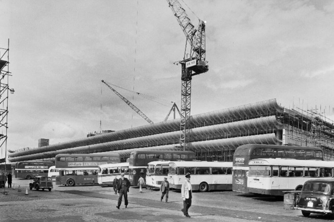 Archive: Historic view of the Preston Bus Station during construction [credit: Historic England Archive. John Laing Photographic Collection] 