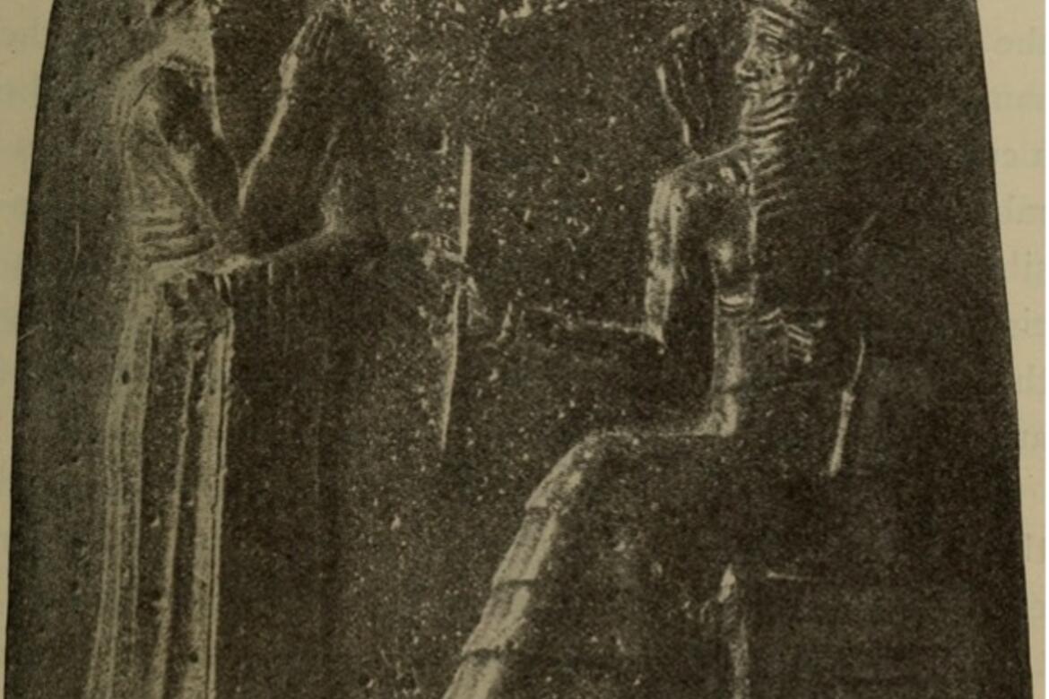 Reproduction of a relief on top of the stele of Hammurabi depicting the king receiving his power from the sun god Shamash. 