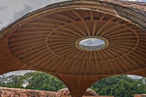 Domed brick roof system of the School of Ballet, showing biological growth and water damages, 2015