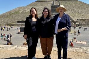 Bénédicte de Montlaur, Stephanie Ortiz, and Lorna Goodman at Teotihuacan. 