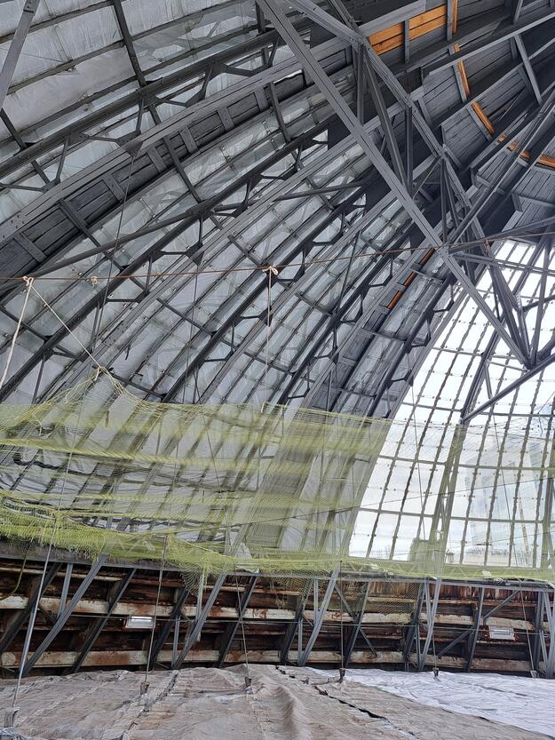 Interior of glass dome showing metal girders and protective covering