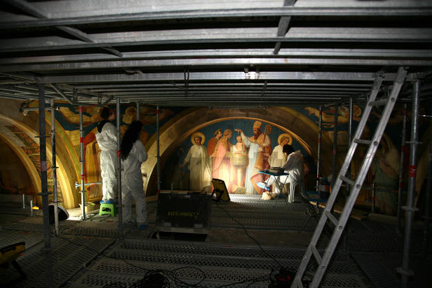 Scaffolding allows restorers to reach the historic painted decorations in the Baptistery Chapel,  2015