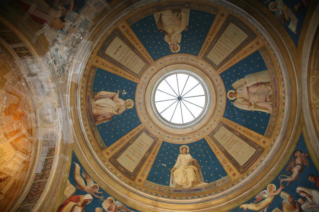 The ceiling of the Baptistery Chapel depicts the theology and liturgy of baptism with the angels of intelligence, innocence, wisdom, and the guardian angel (clockwise from left), 2015