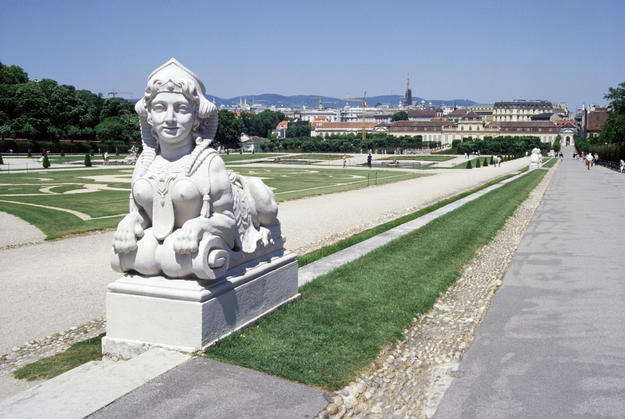 A Sphinx statue in the garden, looking north with the Lower Belvedere Palace in the distance, 1999