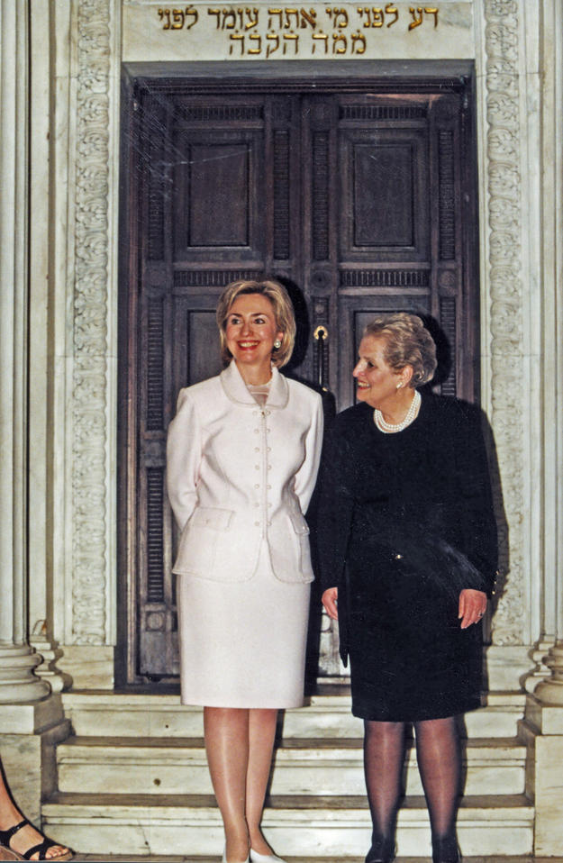 First Lady Hillary Clinton and Secretary of State Madeleine Albright toured the synagogue , 1998