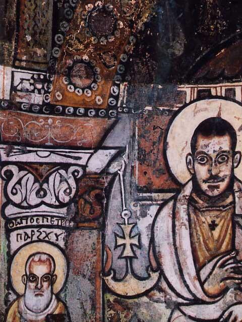 Close-up of painting inside the Red Monastery, illustrating the impact of cleaning, 2003.