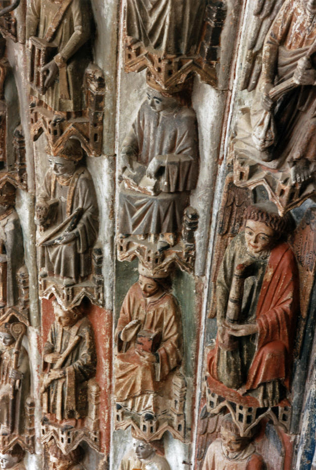Angels, apostles, and saints on First, Second, and Third Archivolt, during conservation, 1987