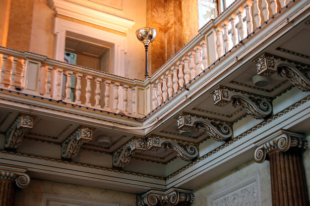 A detail of the Marble Saloon, where Ionic columns with a scagliola finish support a balcony that surrounds the room, 2013