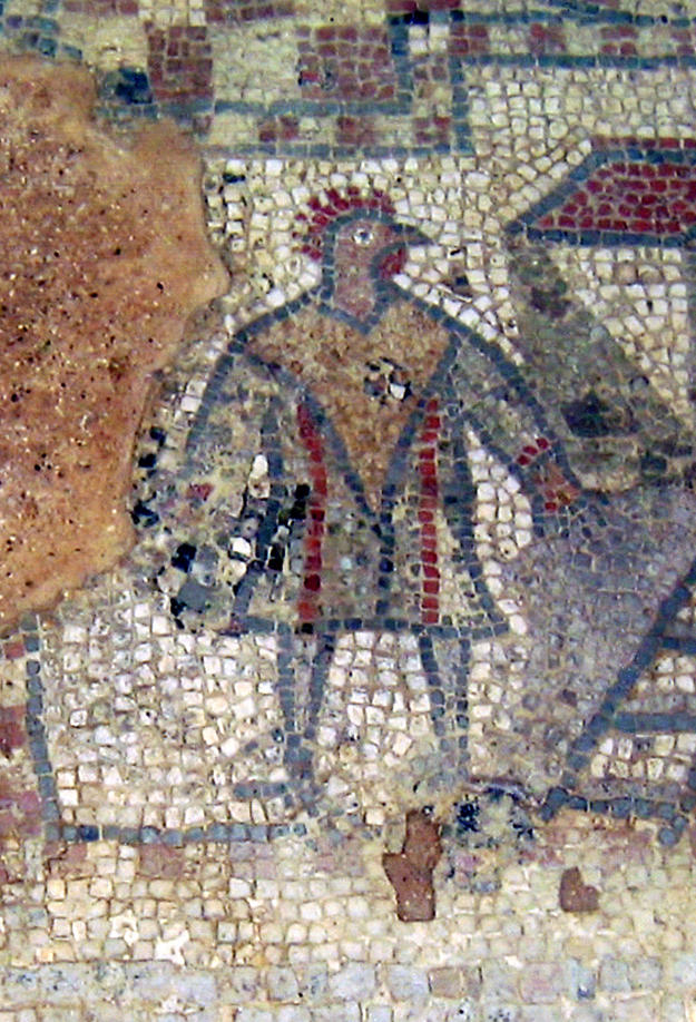 A mosaic with a cockerel-headed man beside a building approached by steps, 2003