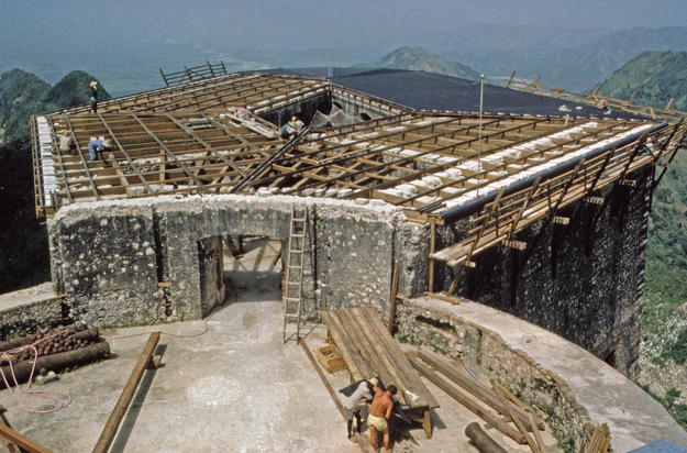 Framing of the roof on the pentagonal tower during construction, 1984