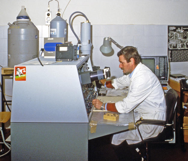 A researcher works to develop effective conservation treatments, 1982