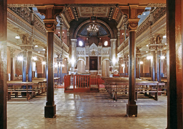 Prayer hall from west towards ark after conservation, 1993