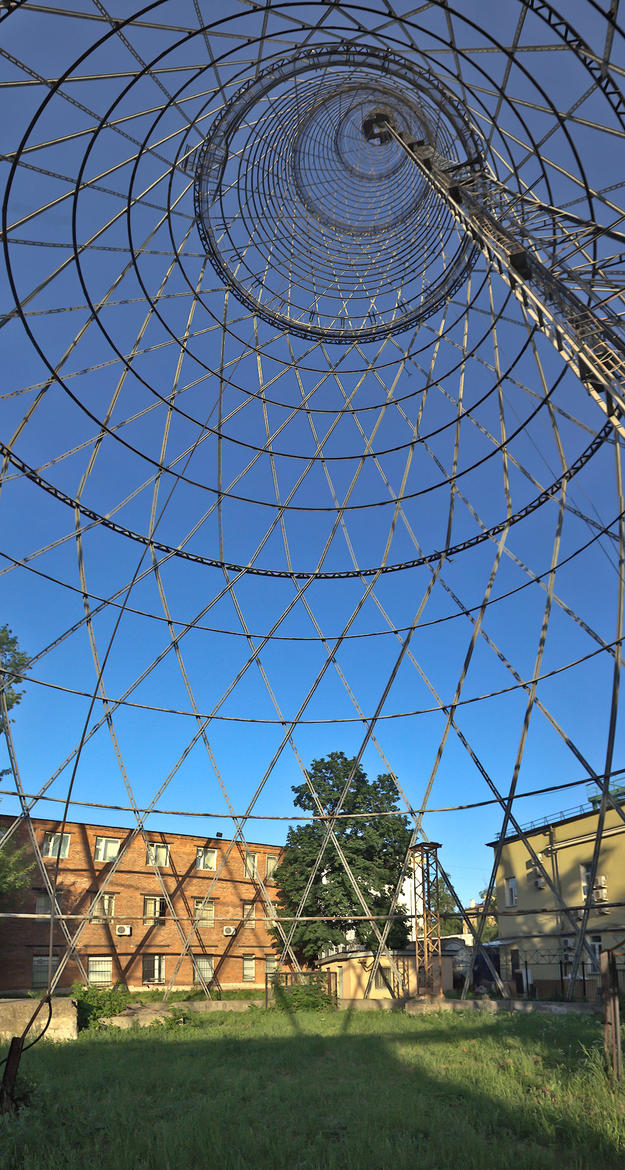 A view looking up into the lightweight hyberboloid lattice of the Shukhov Tower, 2011