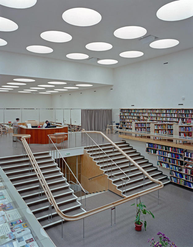 Interior of lending hall with skylights, 2014 (Photo: The Finnish Committee/Petri Neuvonen)