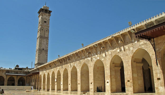 Courtyard of the Great Mosque of Aleppo looking east; minaret destroyed in 2013, 2010