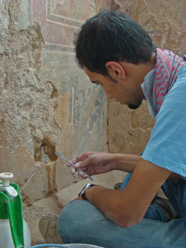 A conservator cleans and consolidates the Roman wall paintings, 2010
