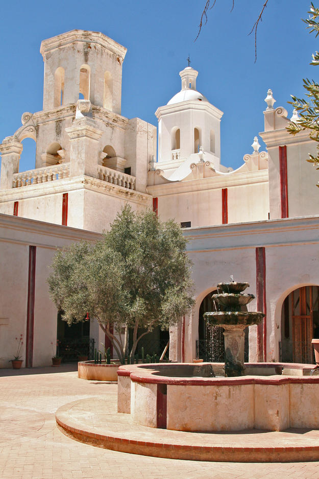 A view of the mission courtyard, looking towards the towers of the church, one of which (right) was recently restored, 2009