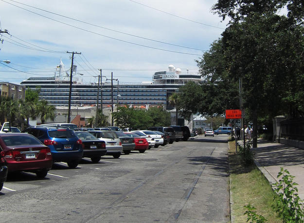 A cruise ship seen from the historic district , 2011