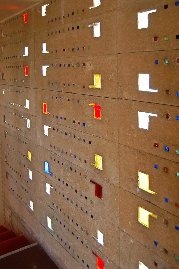 Annie Pfeiffer Chapel stairway wall with patterned colored glass, 2009