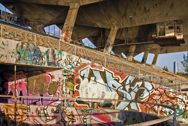 Graffiti that covers much of the reachable stadium surfaces, 2009