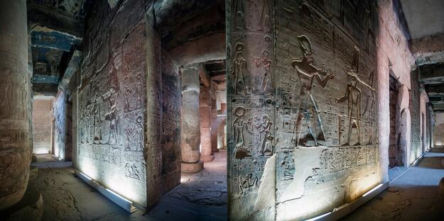 Detail of hieroglyph reliefs in the Temple of Seti I at Abydos, Egypt.