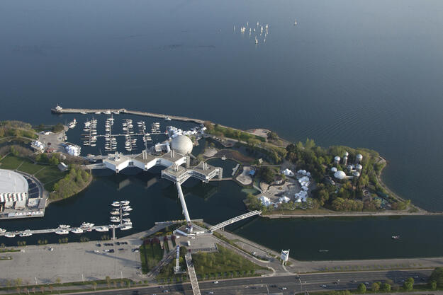 Aerial view of Ontario Place from the North, showing the West Island, 2016.