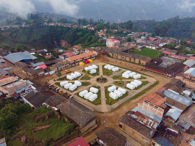 Aerial view of La Jalca Grande, with the church and tower visible on the far right of the square, 2021.