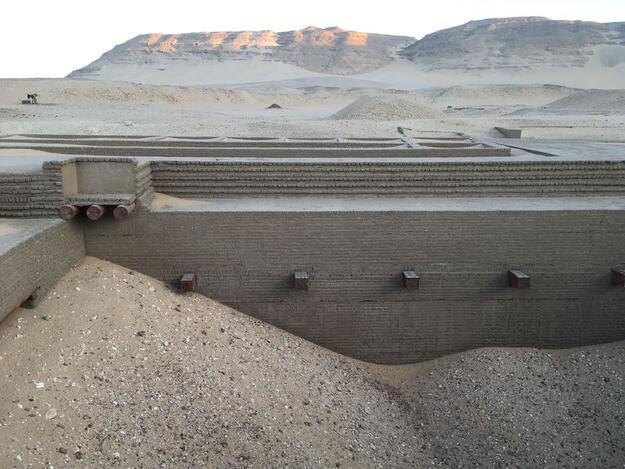 Restored Early Dynastic tombs at Umm el-Gab looking west toward the escarpment, 2018.