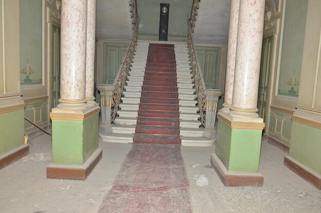 In the interior of Alexan Palace a grand stairway leads to the upper floor, 2018.