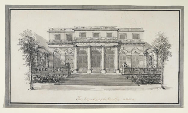 William Chambers, Exterior facade of the hôtel de Voyer, Parisian Book, ink and wash on paper, 1774. Courtesy of RIBA, Londres. Arcanes.